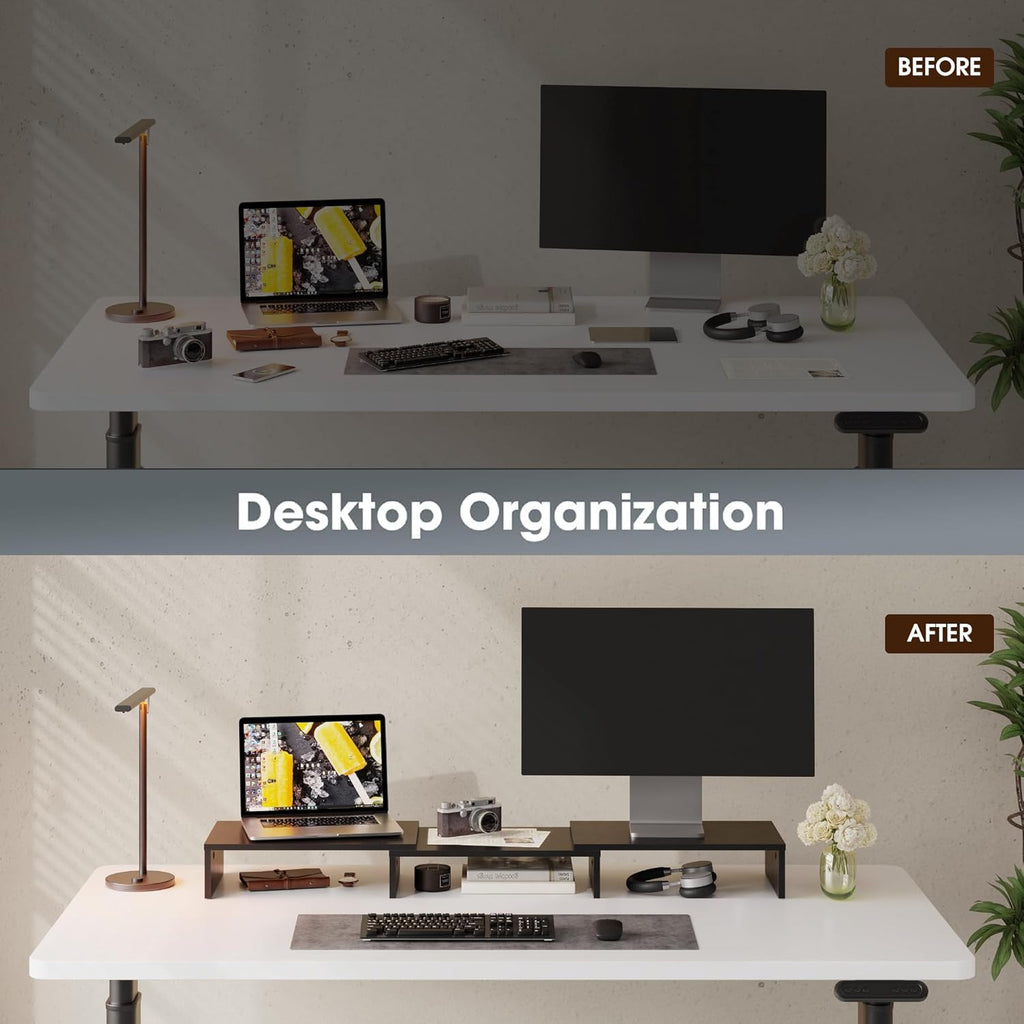 Dual Monitor Stand – 3 Shelf Computer Monitor Riser, Wood Desktop Stand with Adjustable Length and Angle, Desk Accessories, Office Supplies Medium Black,Dt108001Wb