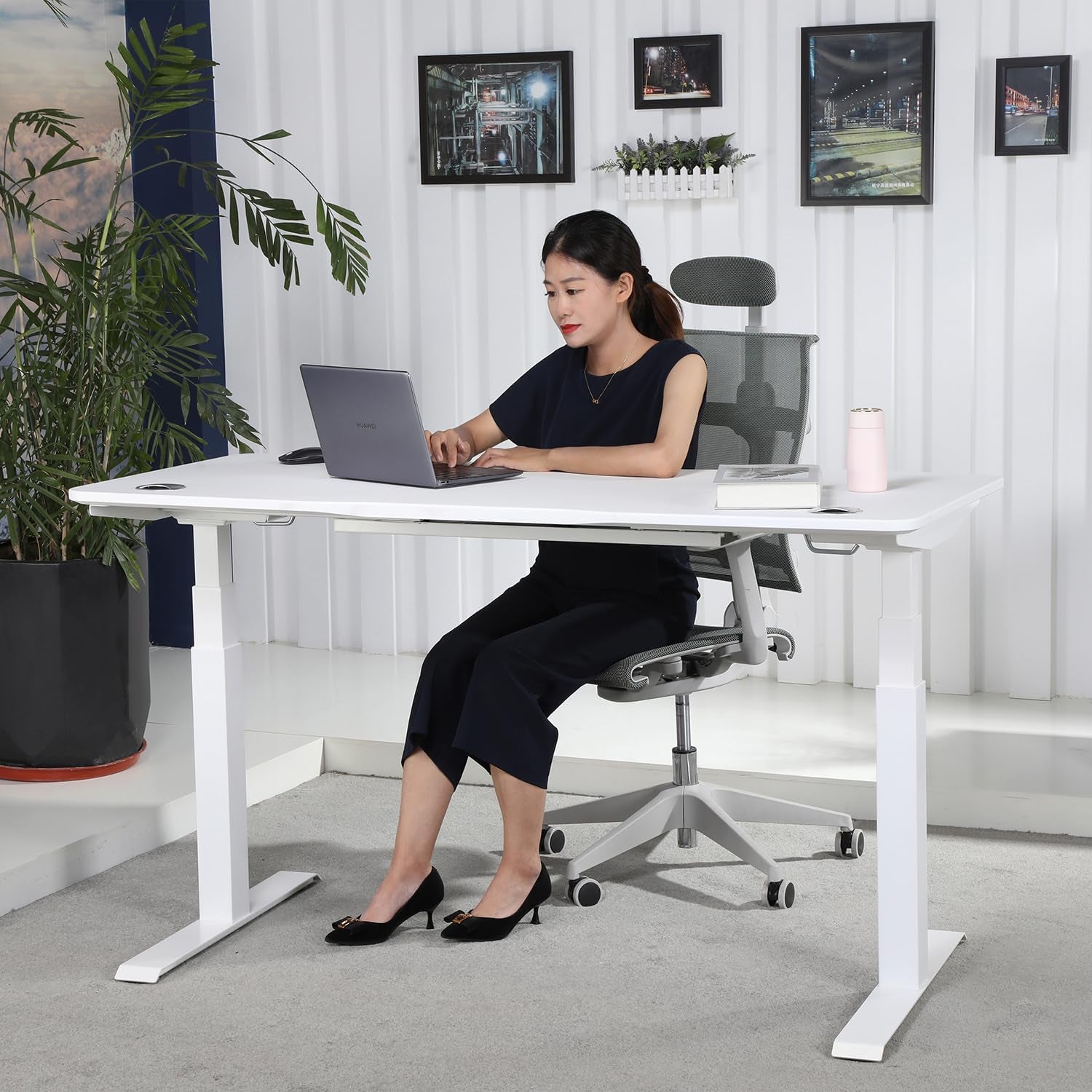 K Series Desk Base 3 Stage with Dual Motor Electric Adjustable Standing Desk Base Electric for Home and Office Width and Height Adjustable (White Frame Only)