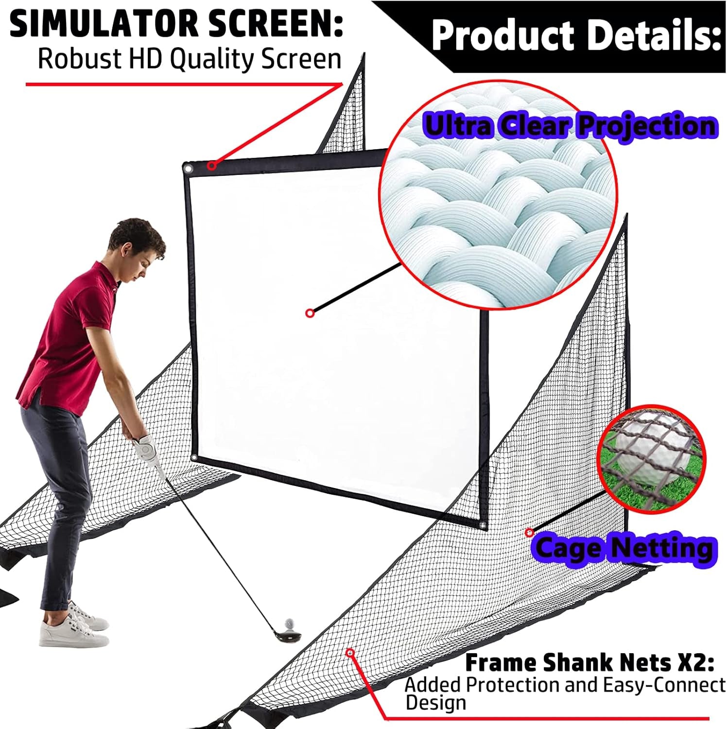 Golf Simulator Impact Screen with Black Double Layer Blackout Cloth Shank Side N