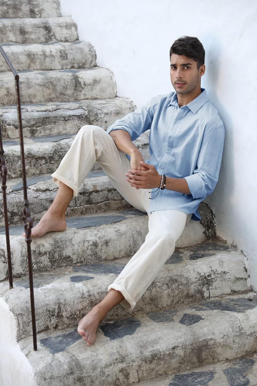 Mens Button down Shirt Linen Cotton Shirts Casual Long Sleeve Spread Collar Beach Plain Tops