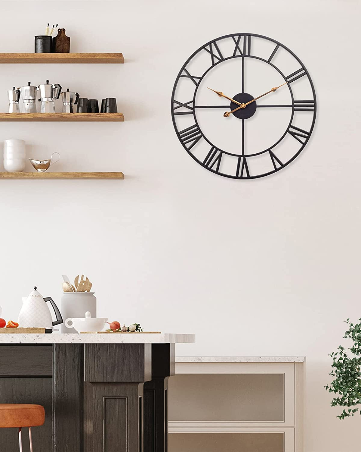 24 Inch Large Wall Clock, Silent Non Ticking Battery Operated Industrial Wall Clock with Roman Numerals, Vintage Metal round Decorative Indoor Outdoor Clock for Living Room, Kitchen, Patio - Black