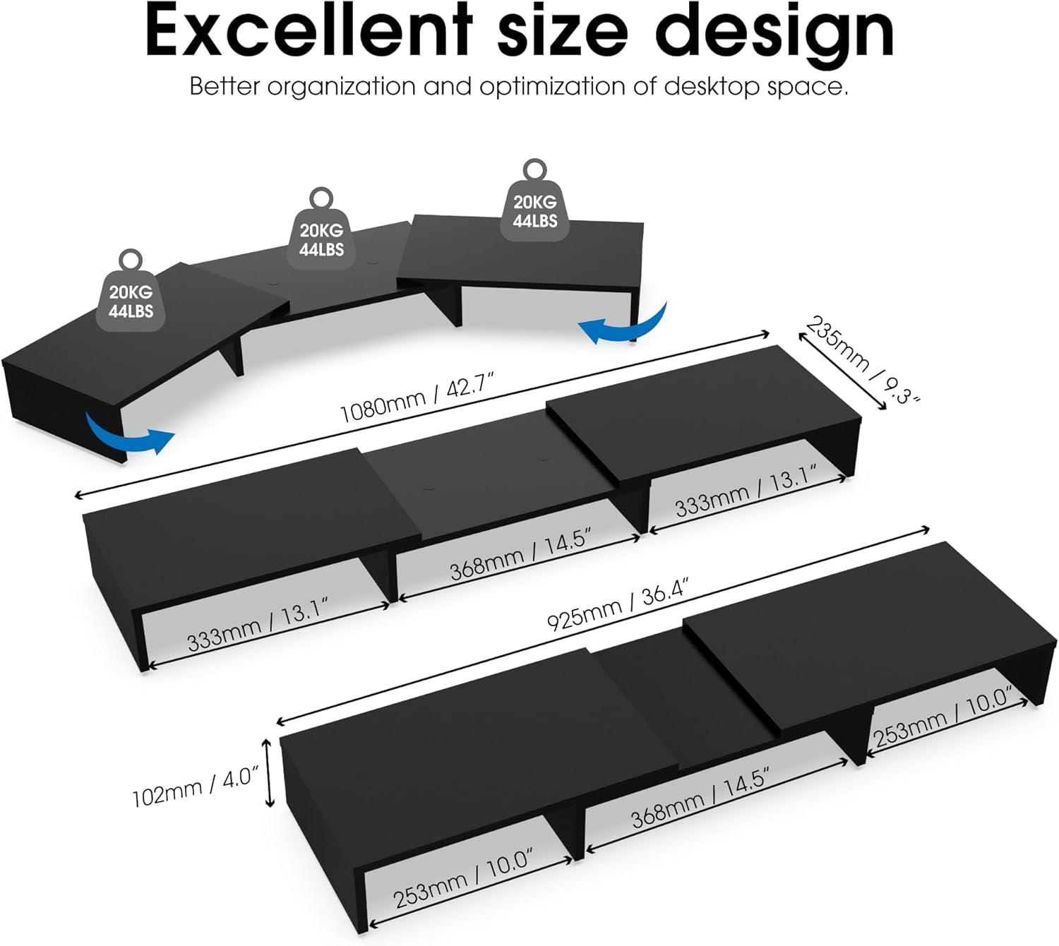Dual Monitor Stand – 3 Shelf Computer Monitor Riser, Wood Desktop Stand with Adjustable Length and Angle, Desk Accessories, Office Supplies Medium Black,Dt108001Wb