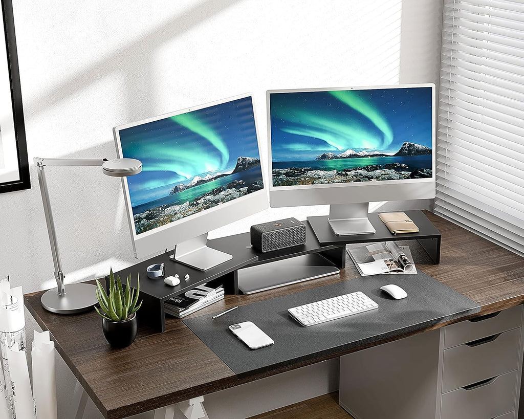 Dual Monitor Stand – 3 Shelf Computer Monitor Riser, Wood Desktop Stand with Adjustable Length and Angle, Desk Accessories, Office Supplies Medium Black,Dt108001Wb